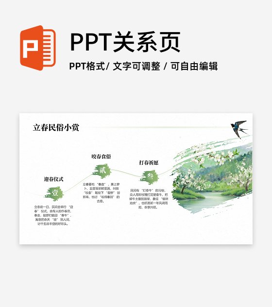 绿色清新古风笔刷立春节气民俗传统文化PPT单页