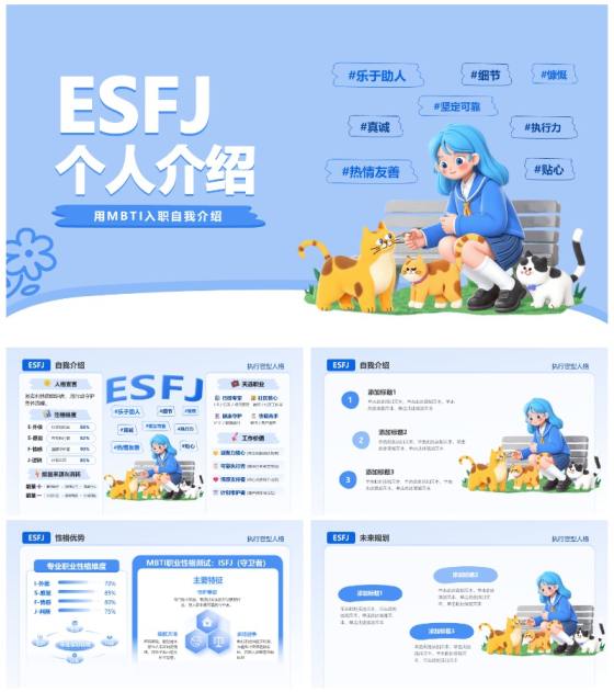 蓝色活力卡通创意MBTI自我介绍PPT模板