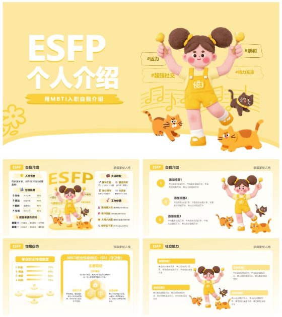 黄色活力卡通创意MBTI自我介绍PPT模板