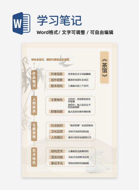 学习笔记-《茶馆》棕色中国风竖版word模板