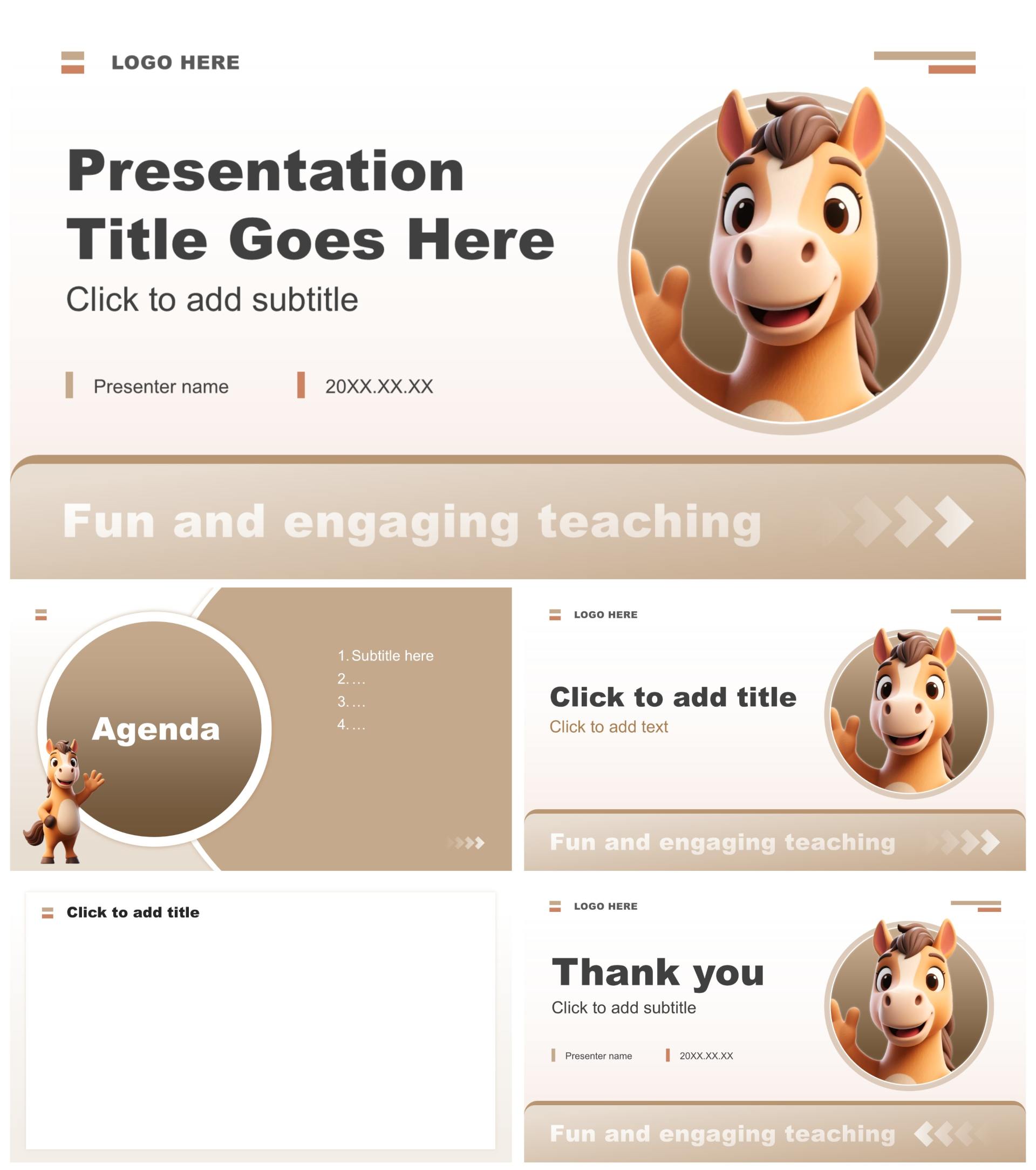 莫兰迪色卡通风马年英语趣味教学设计PPT主题模板