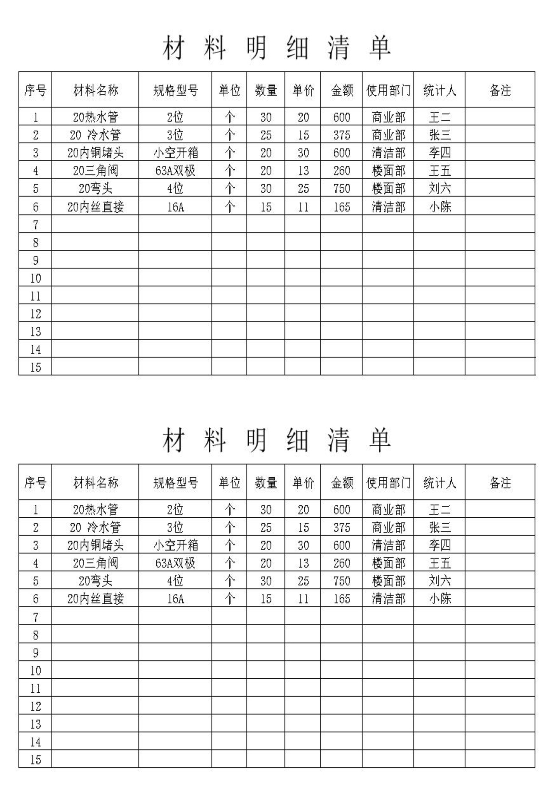 材料明细清单