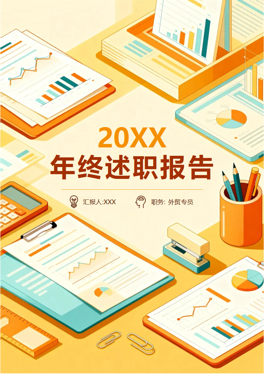 橙黄色扁平插画风外贸专员年终个人述职报告