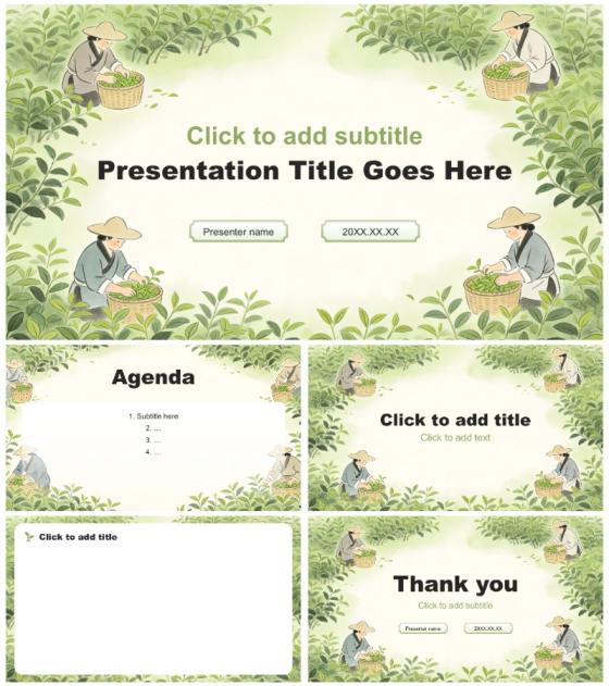 绿色插画风茶艺传统文化宣传介绍PPT主题模板