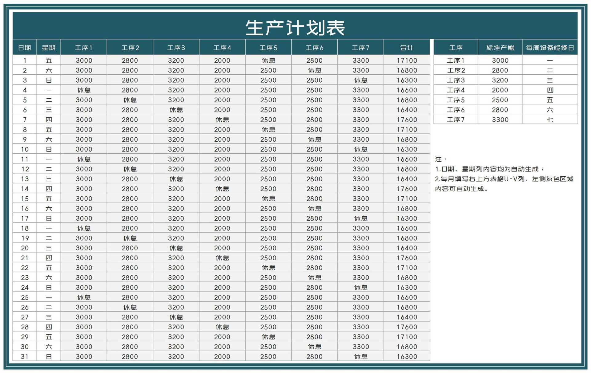 商务风产品生产工序计划表Excel模板