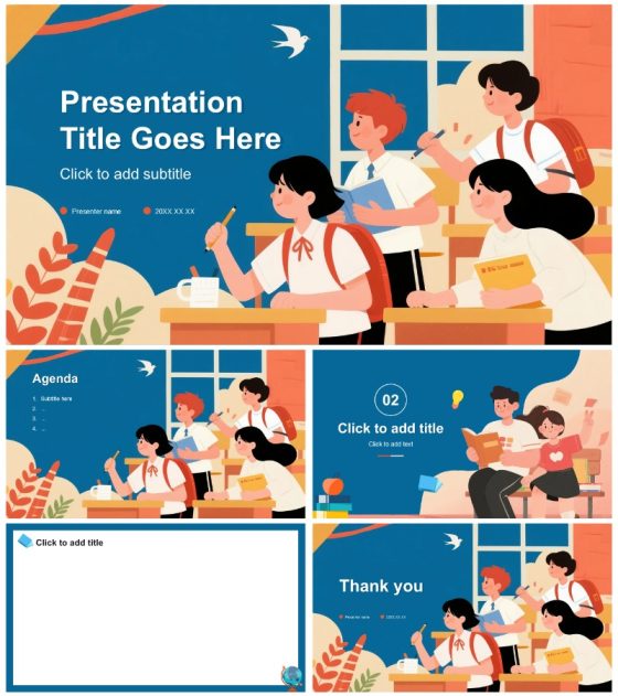 蓝色扁平卡通风校园新学期迎新大学班会PPT主题模板