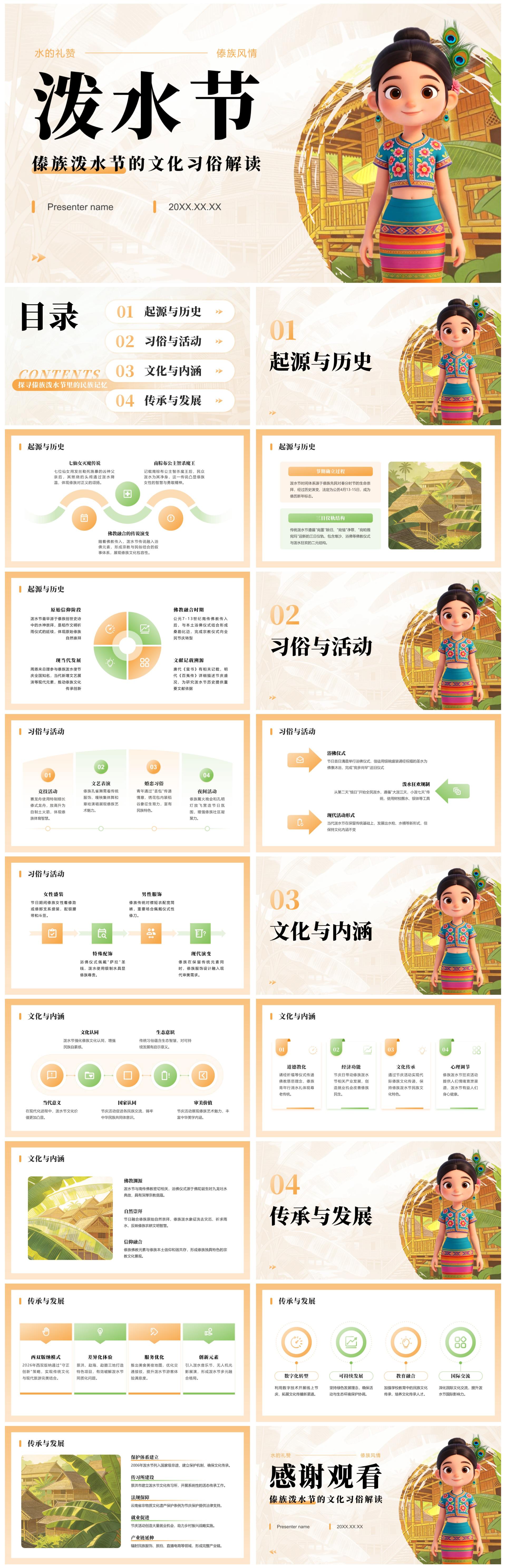 橙色简约3D风傣族泼水节的文化习俗解读PPT模板