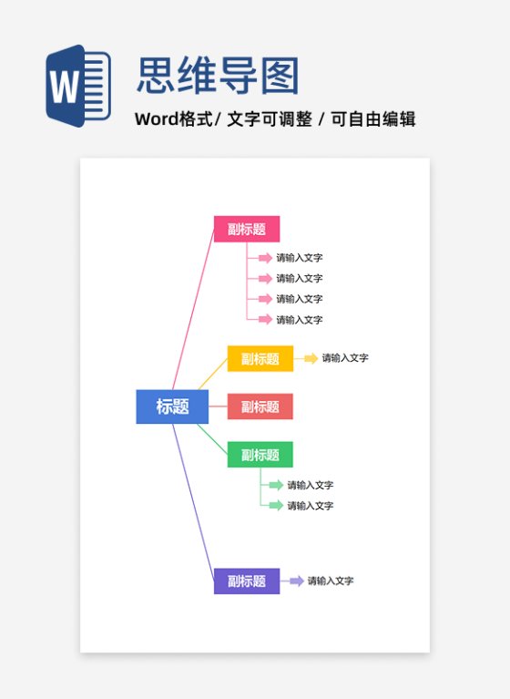 思维导图-彩色通用竖状思维导图word模板