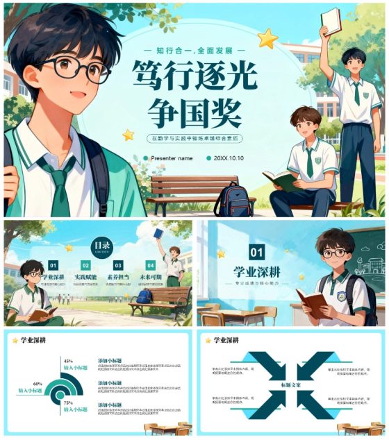 蓝绿色手绘插画风大学生国家奖学金答辩汇报PPT模板