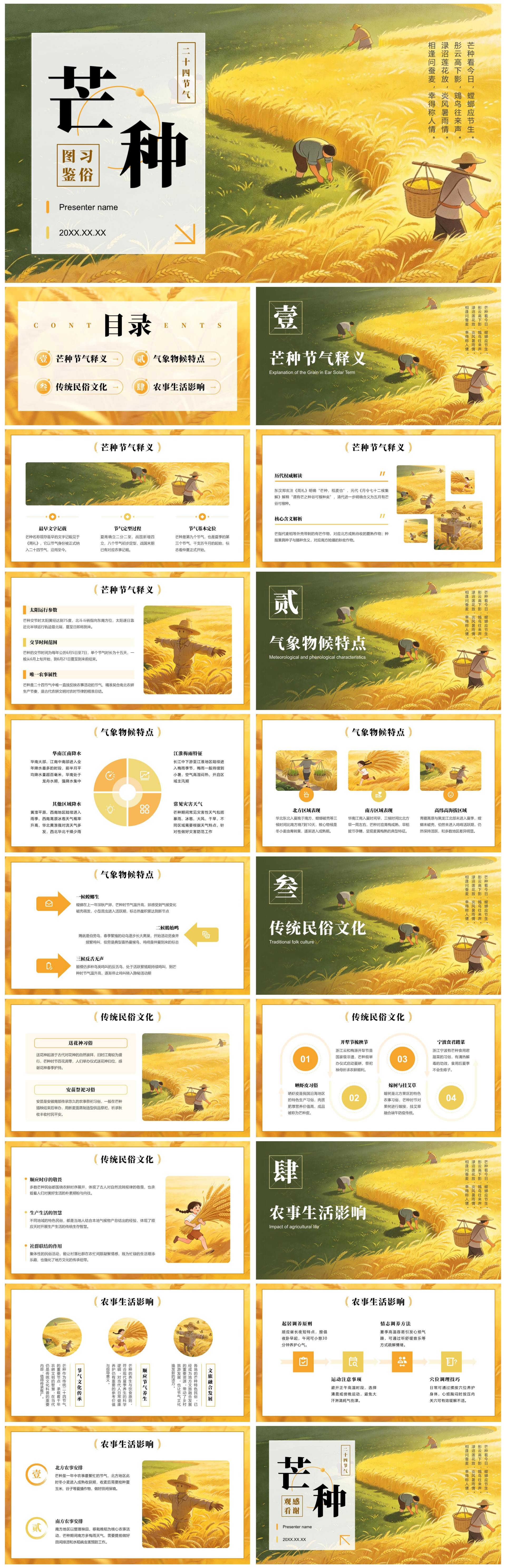 黄色插画风二十四节气芒种习俗介绍班会课件PPT模板