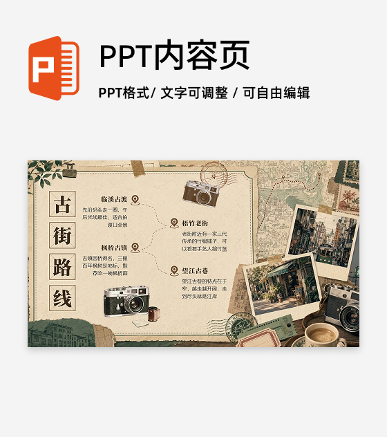 棕色复古风黄金周古街路线攻略PPT单页