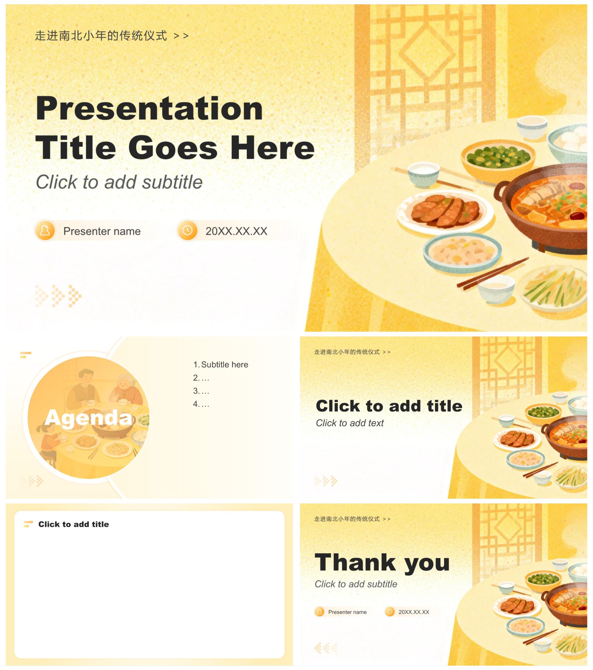 黄色小清新风小年节日纳福习俗介绍PPT主题模板