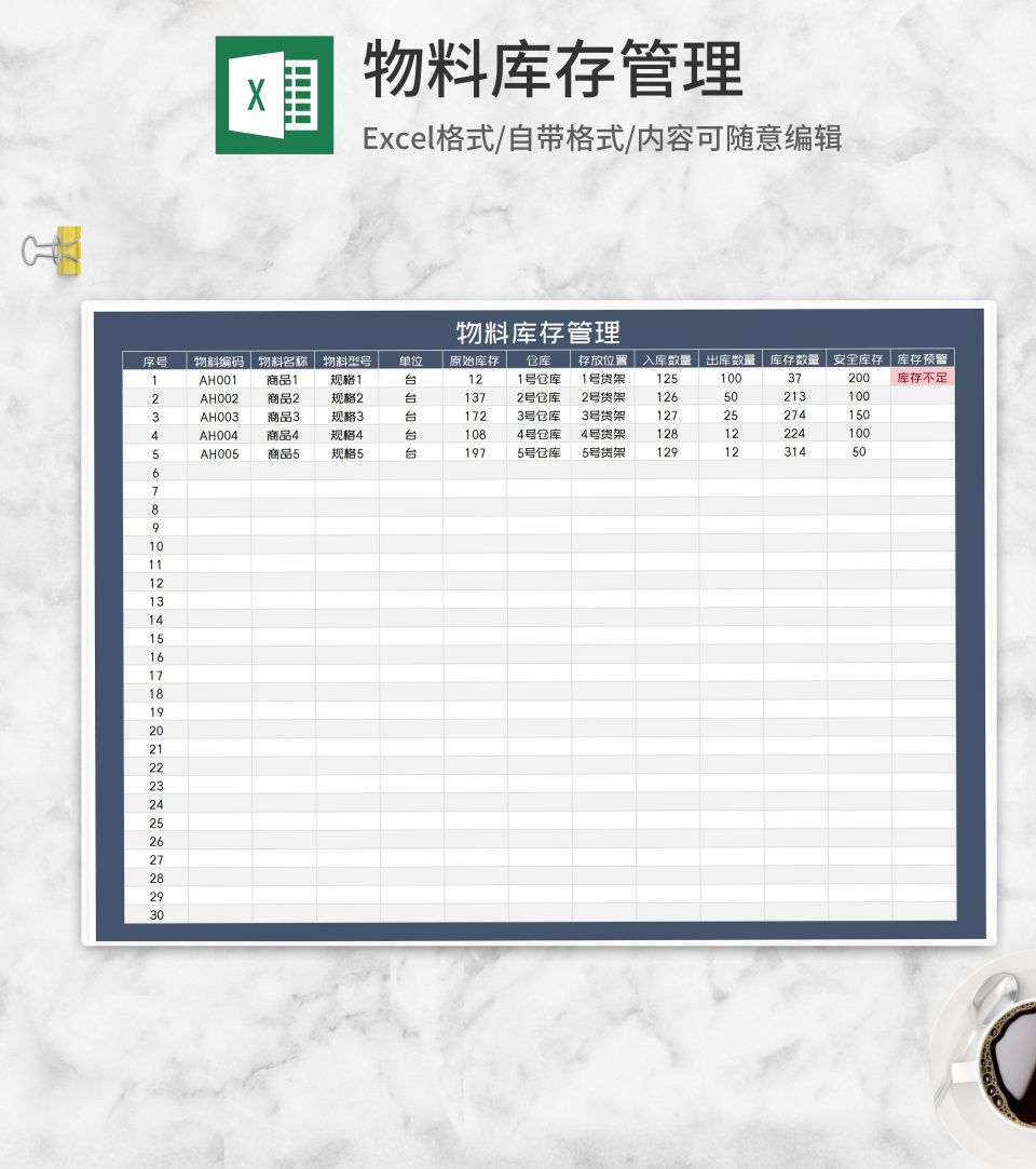 商品物料库存管理Excel模板