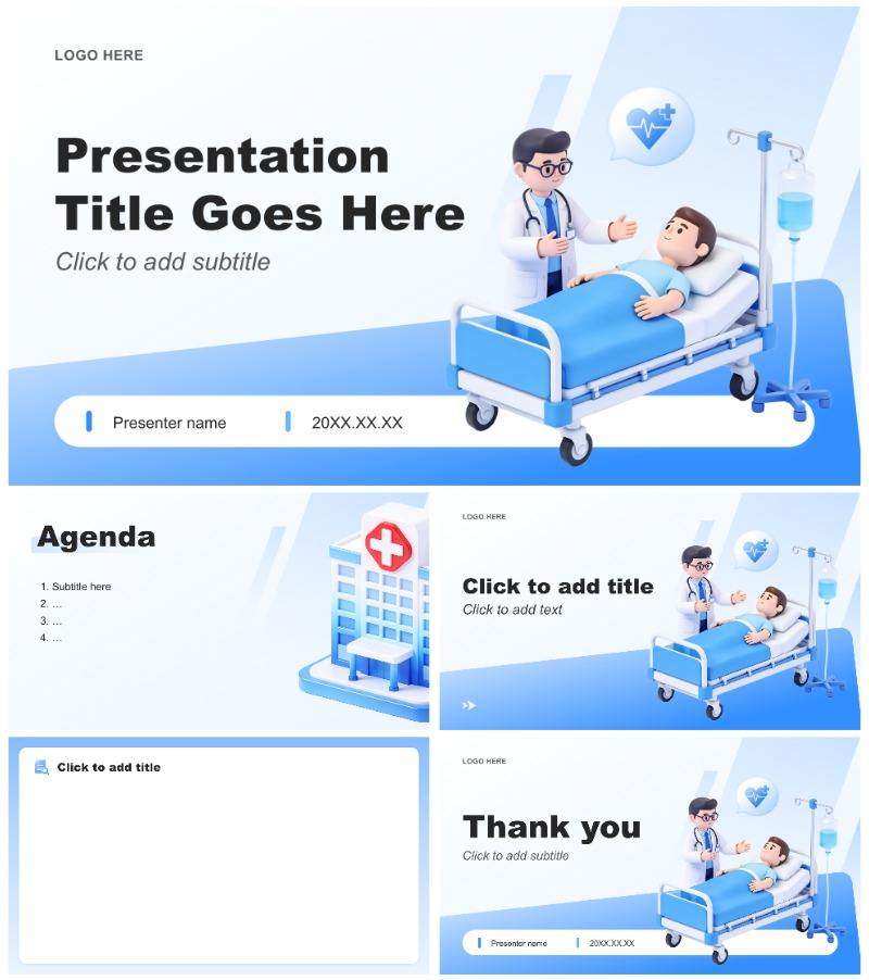 蓝白3D简约风医院科室总结汇报PPT主题模板
