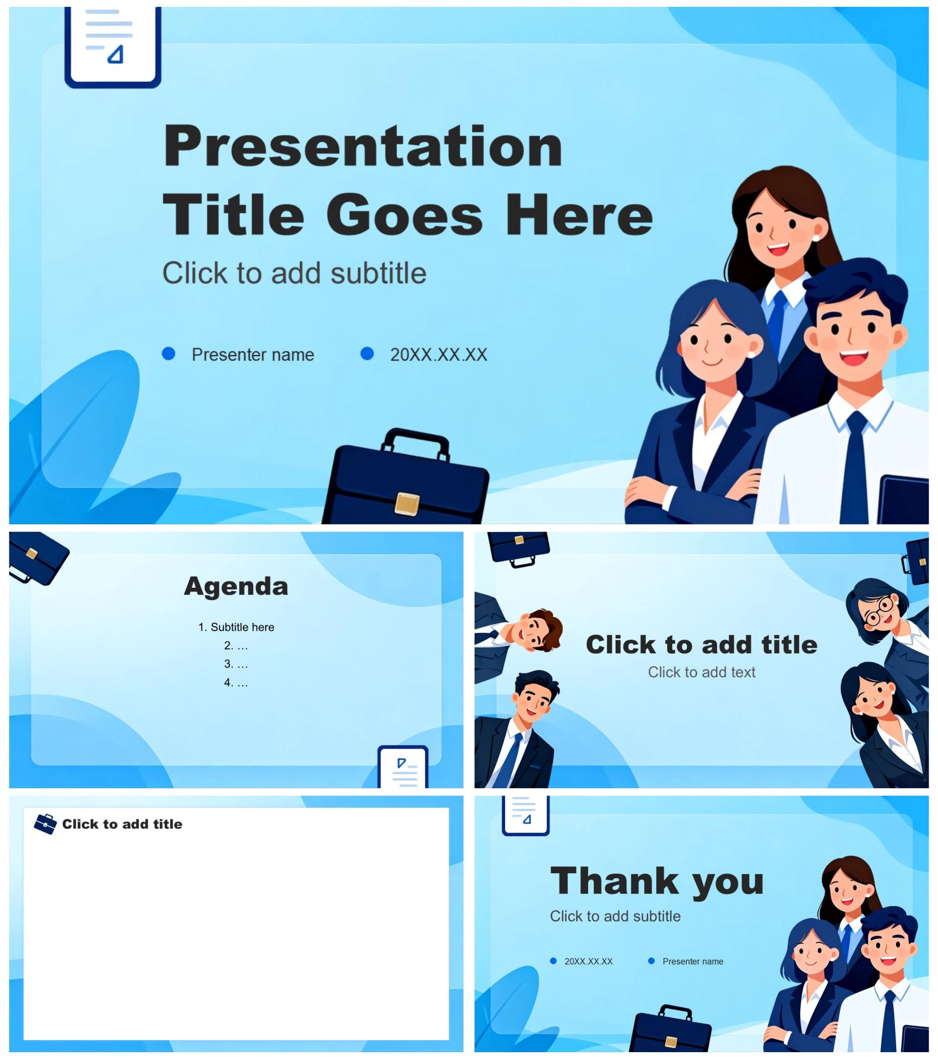 蓝色扁平插画风公司团队介绍入职培训PPT主题模板