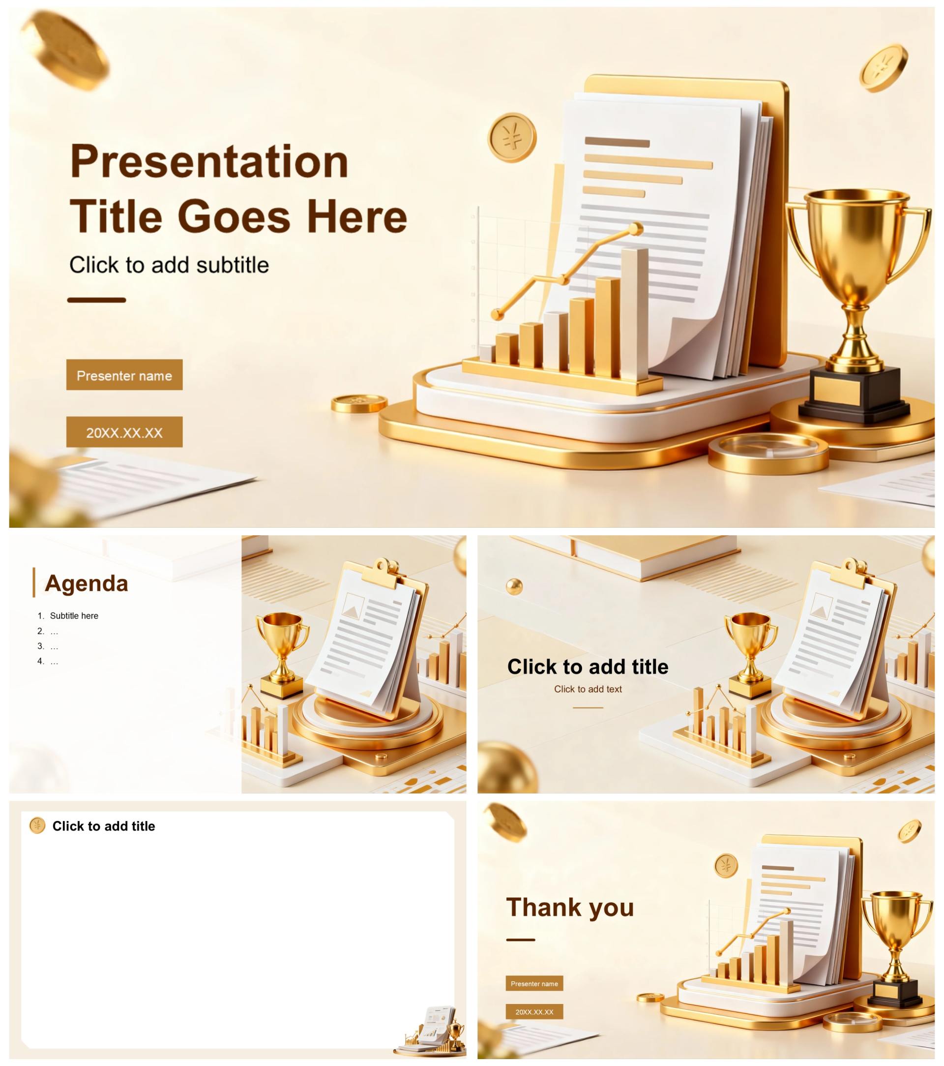 金色3D商务风通用年终工作总结汇报PPT主题模板