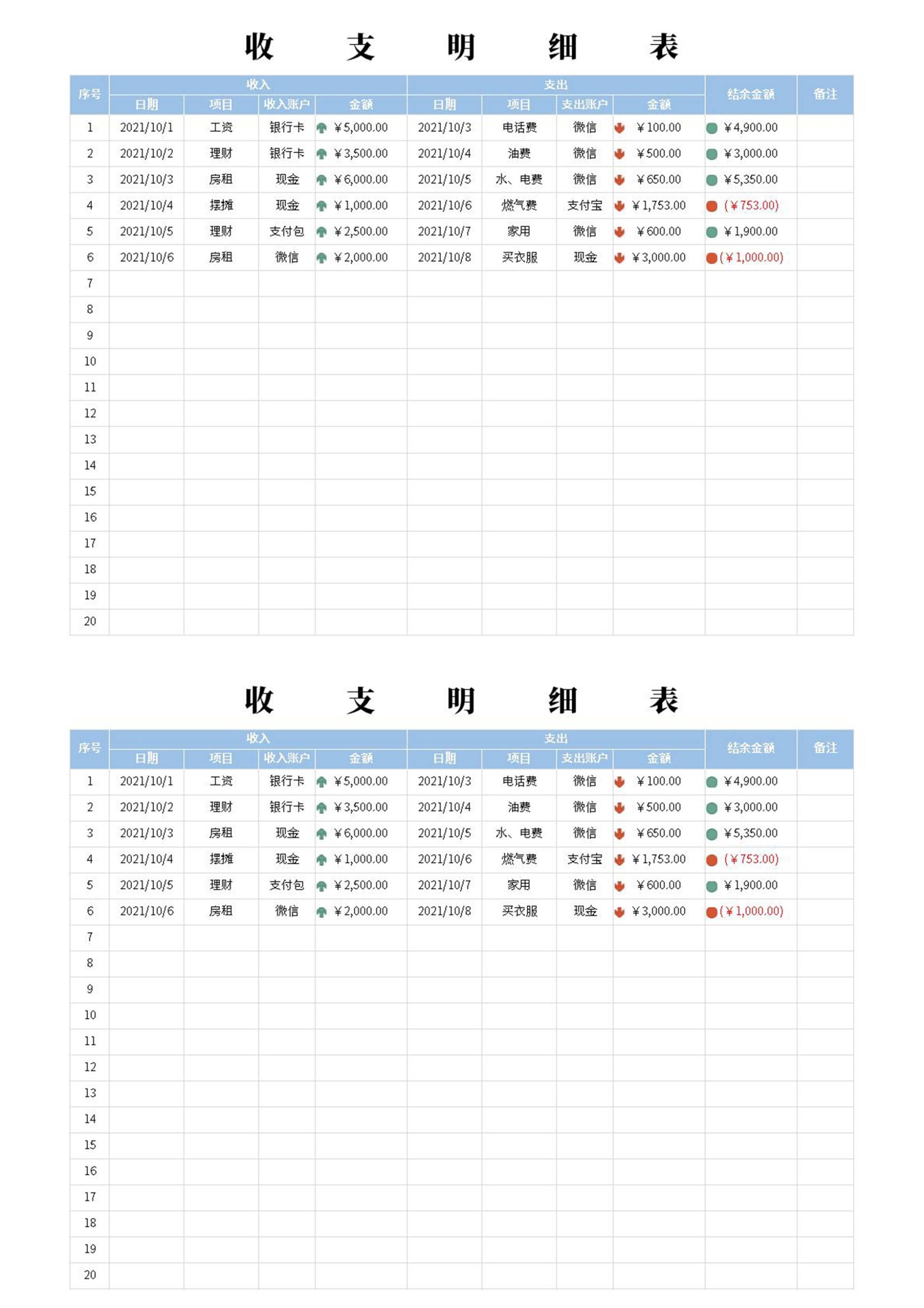 收支明细表excel模板
