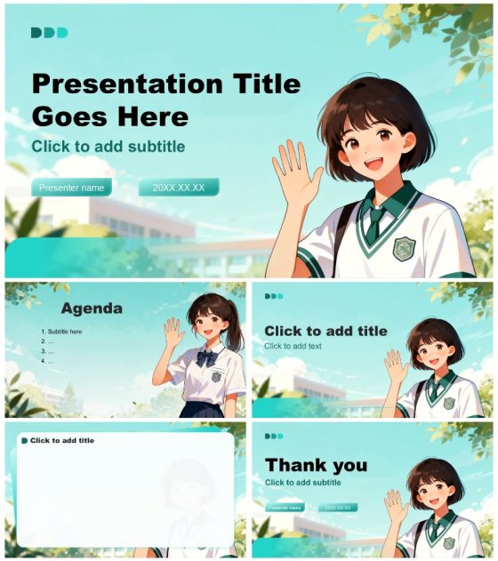 绿色清新卡通风学生会自我介绍PPT主题模板