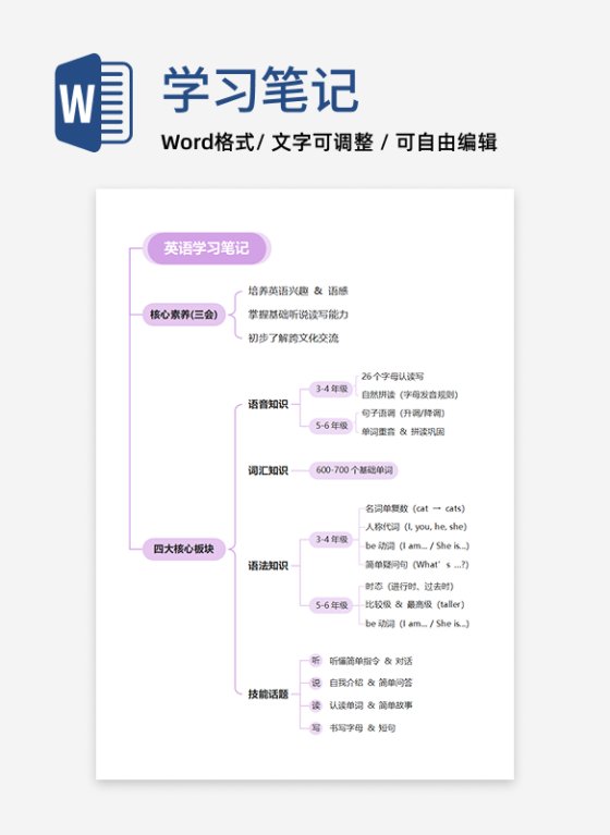 学习笔记-紫色小学英语学习笔记word模板