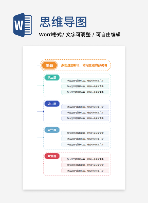 思维导图-彩色竖版通用简约模板分类虚线