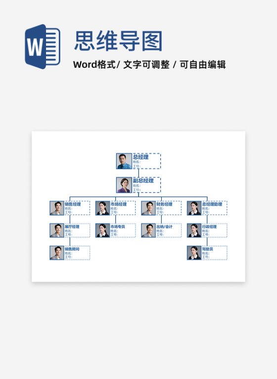 组织架构-蓝色简约头像竖版组织结构图word模板