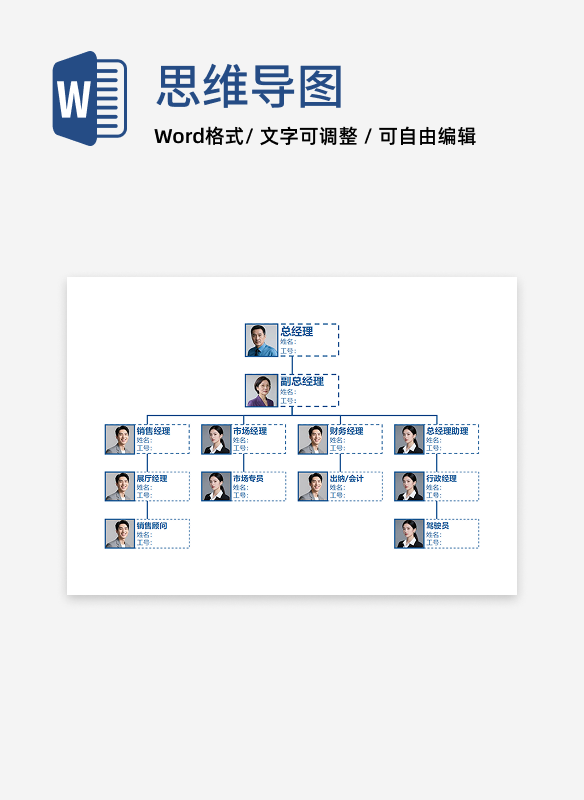 组织架构-蓝色简约头像竖版组织结构图word模板