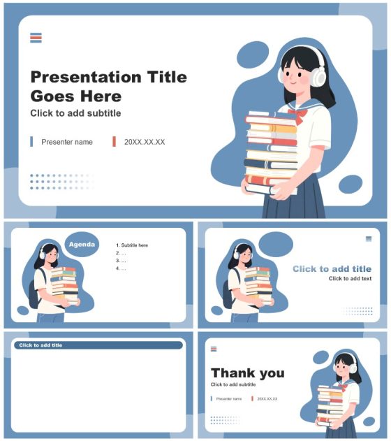 蓝色复古插画风开学个人自我介绍PPT主题模板