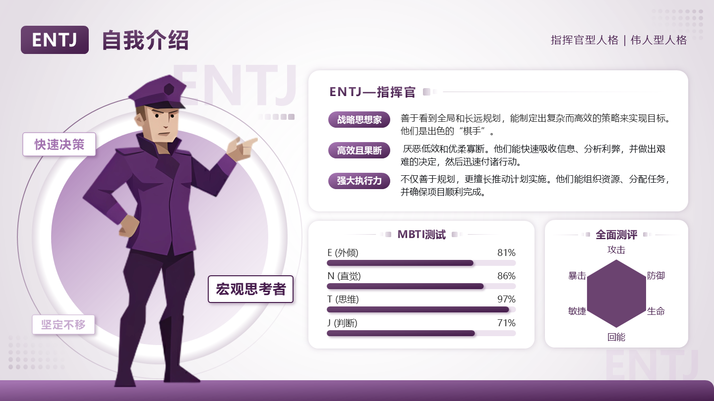 紫色几何图文ENTJ指挥官自我介绍PPT单页