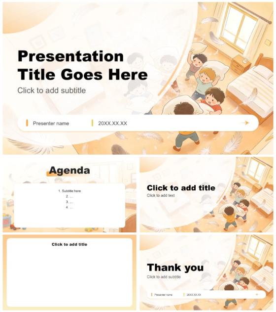 橙黄色插画风国际枕头大战日活动策划PPT主题模板