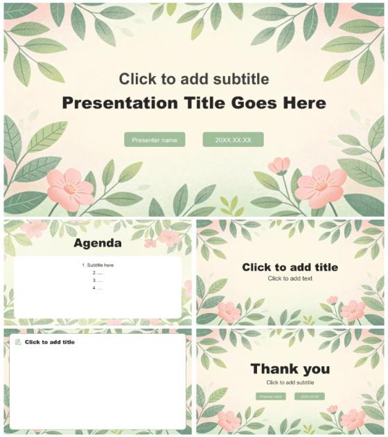 粉绿植物花卉小清新风英语竞赛答辩PPT主题模板
