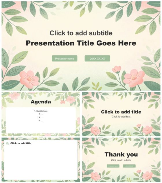 粉绿植物花卉小清新风英语竞赛答辩PPT主题模板