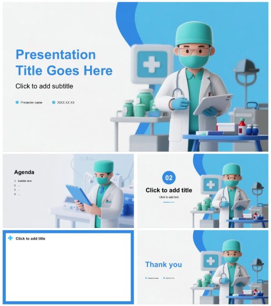 蓝色简约卡通3D医疗行业通用护理个案PPT主题模板