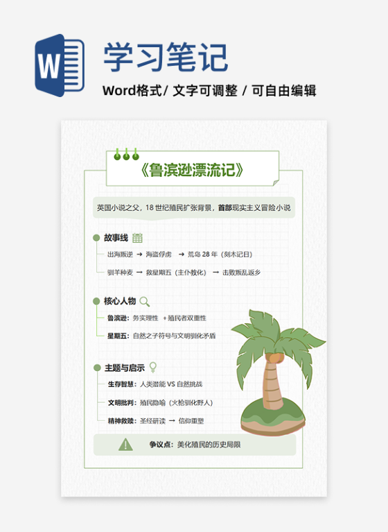 学习笔记-《鲁滨逊漂流记》绿色系竖版word模板