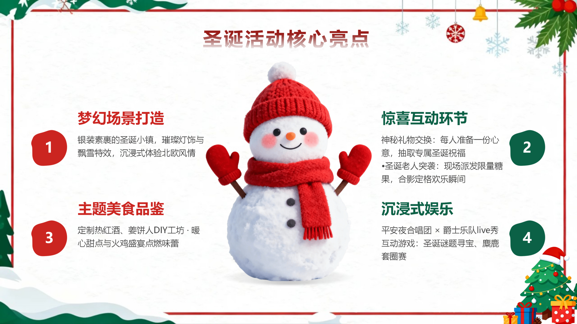 白色卡通风插画圣诞节主题班会活动亮点PPT单页
