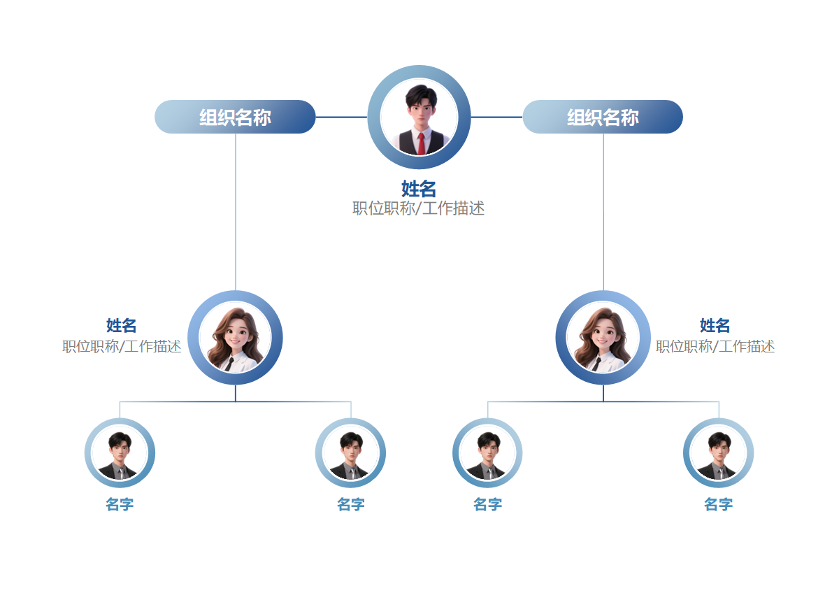 组织架构-蓝色渐变横版简约头像向下分支word模板