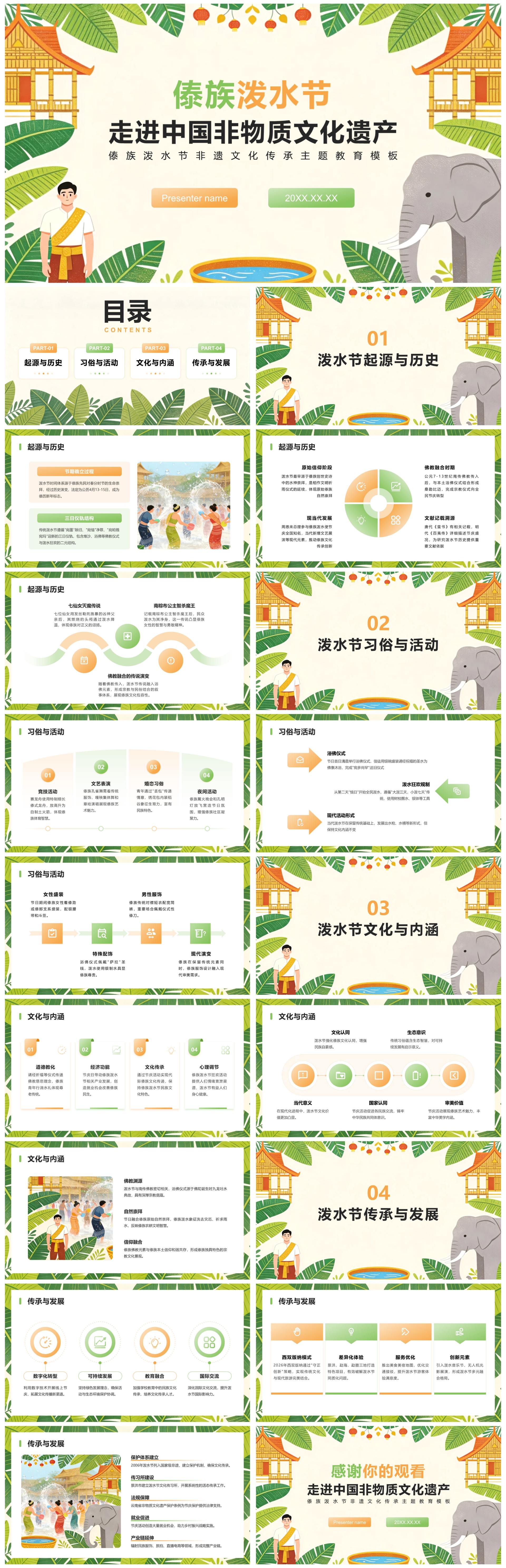 黄绿插画风傣族泼水节非遗文化主题教育PPT模板 