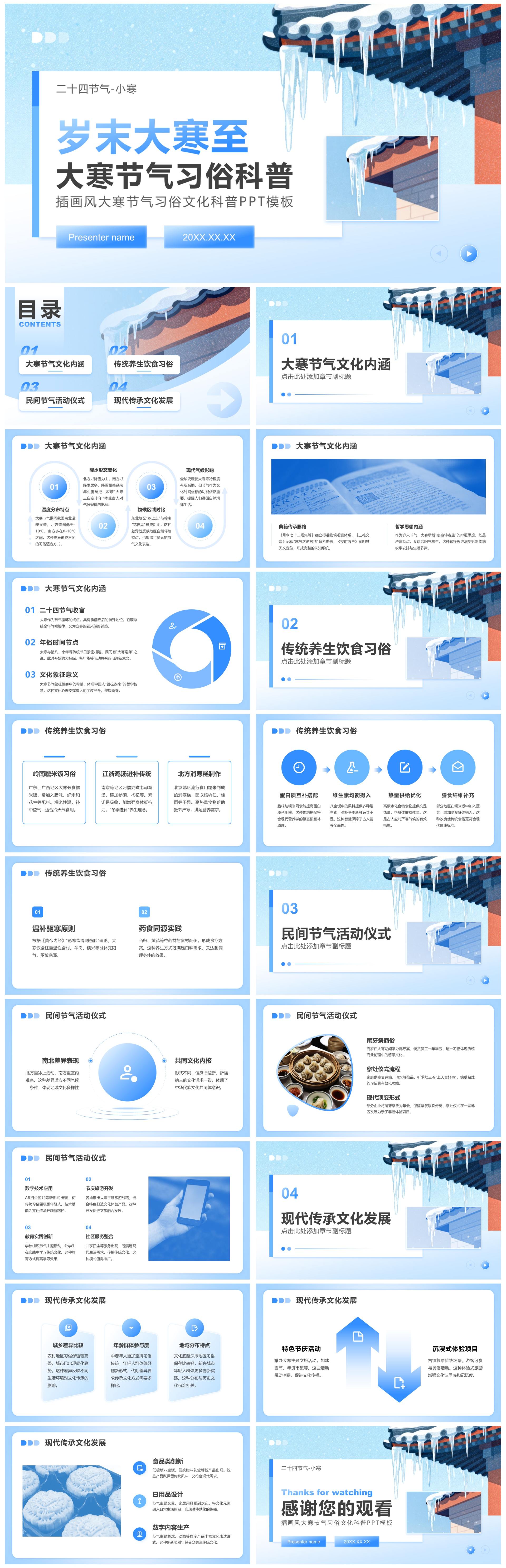 蓝色插画风大寒节气习俗文化科普PPT模板