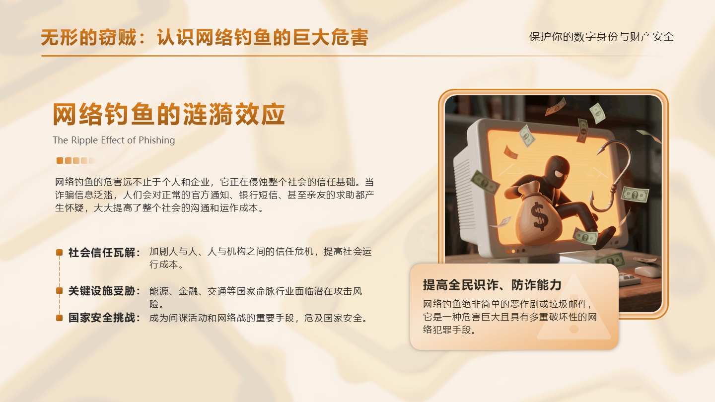 金色卡通立体网络钓鱼反诈科普PPT单页