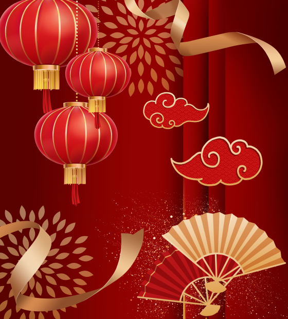 年会红金灯笼彩带扇子背景元素