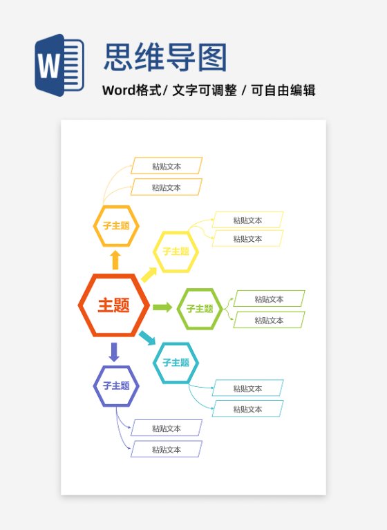 思维导图-彩色六边形线框思维导图word模板