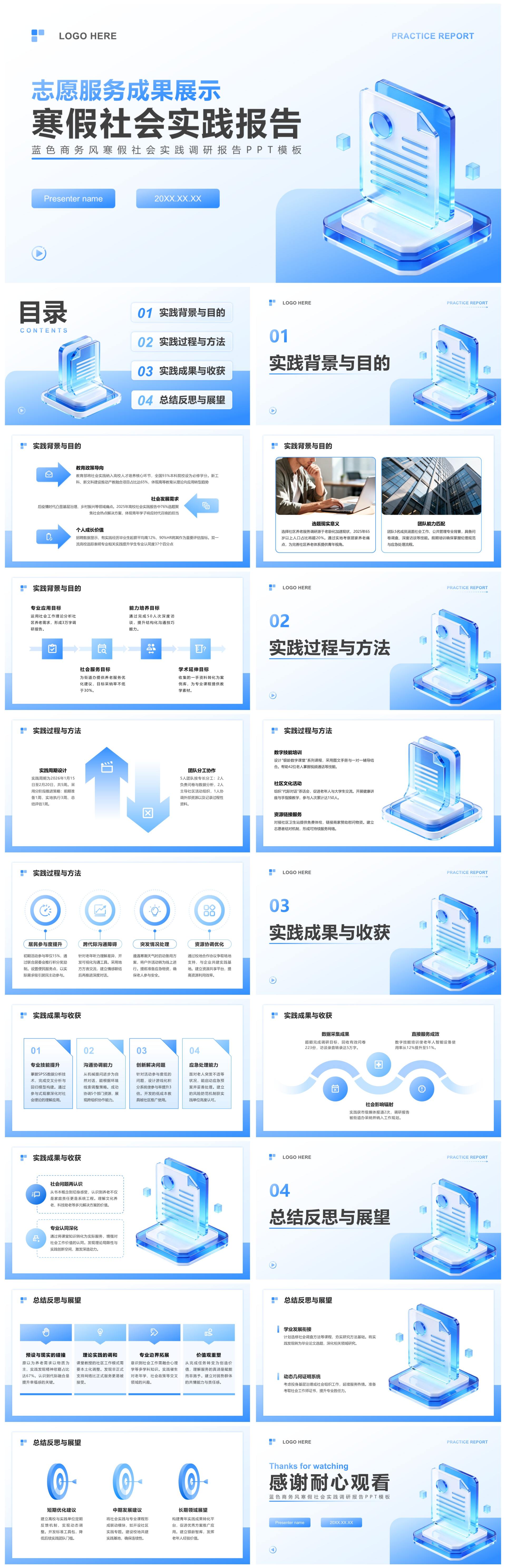 蓝色渐变商务风寒假社会实践调研报告PPT模板