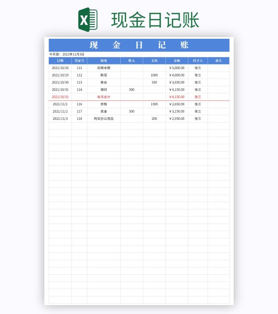 现金日记账excel模板