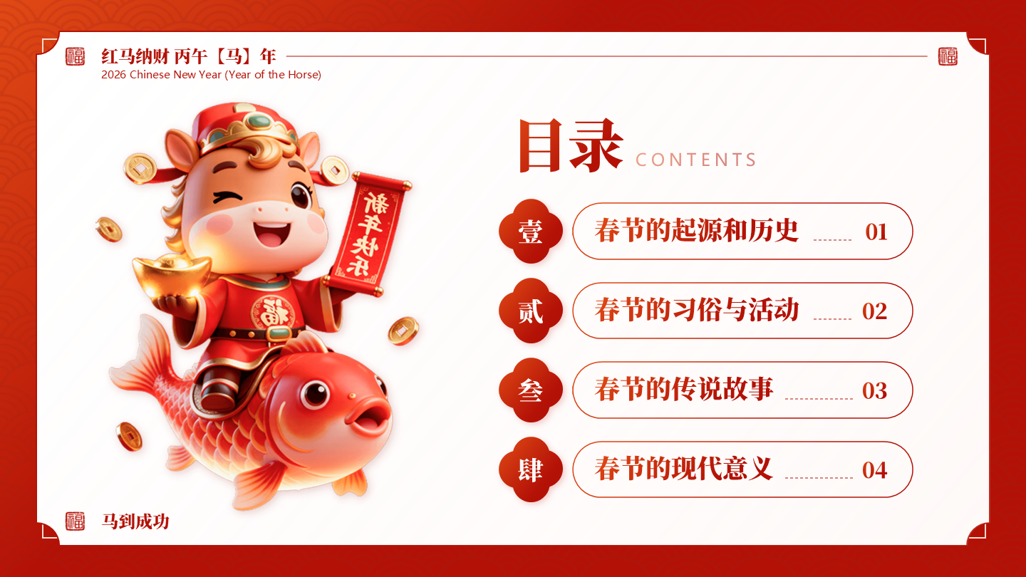 目录页-红色国风三维春节习俗马年传统文化PPT单页