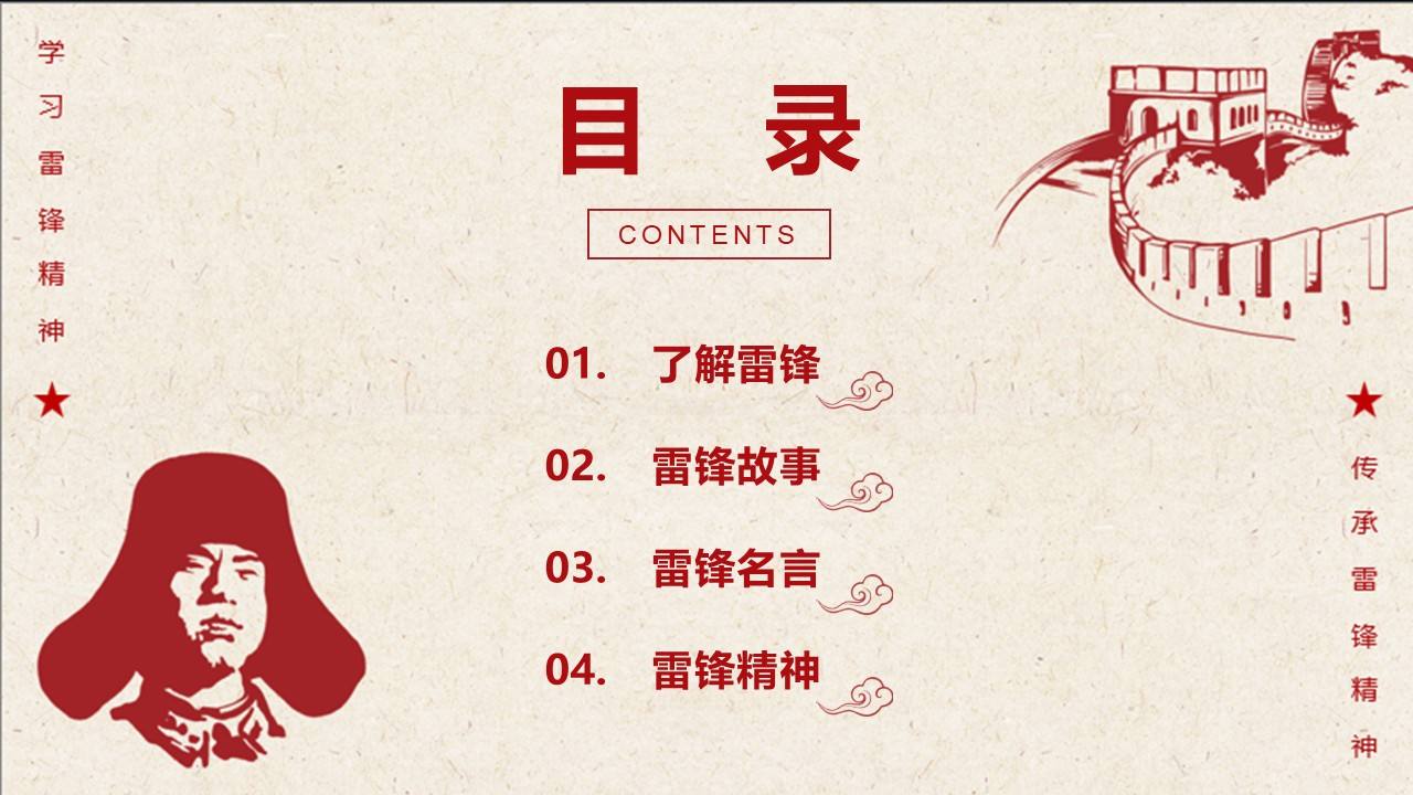 红色复古线性插画学雷锋主题教育目录PPT模板