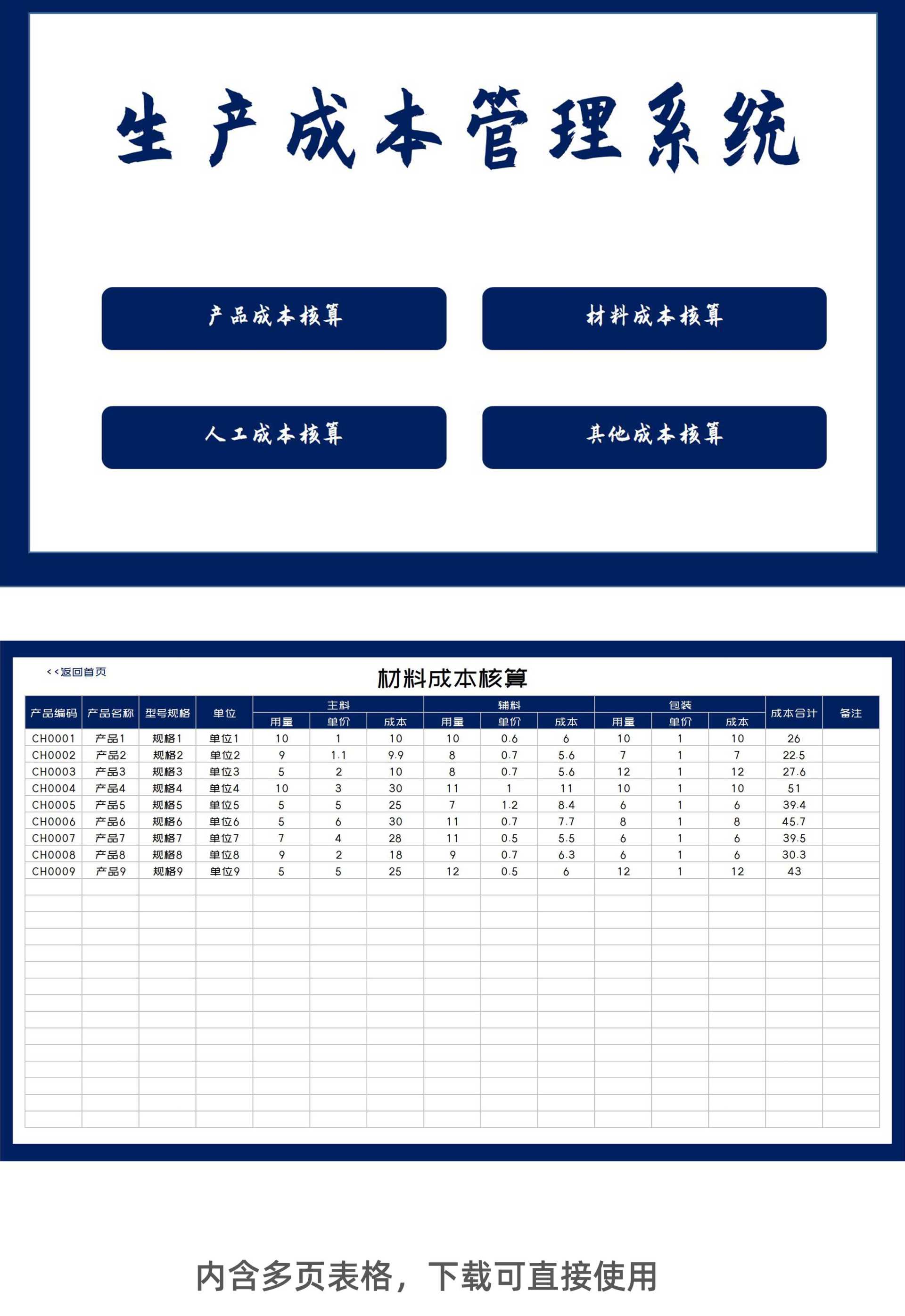 产品生产成本核算管理系统Excel模板