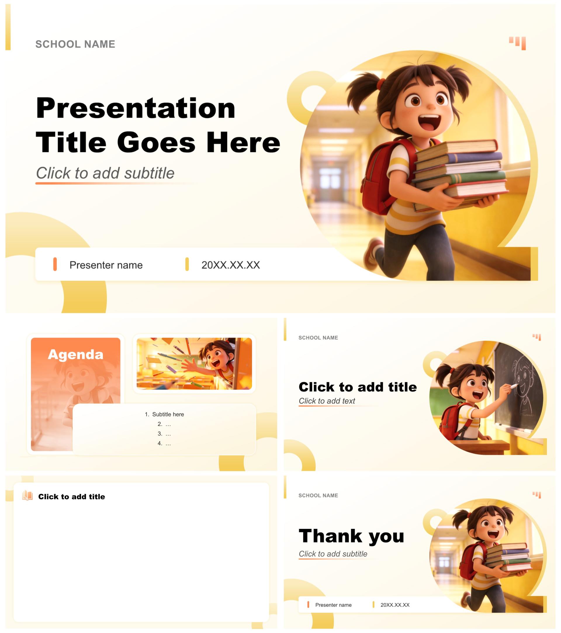 橙黄色卡通风校园开学第一课新学期班会PPT主题模板