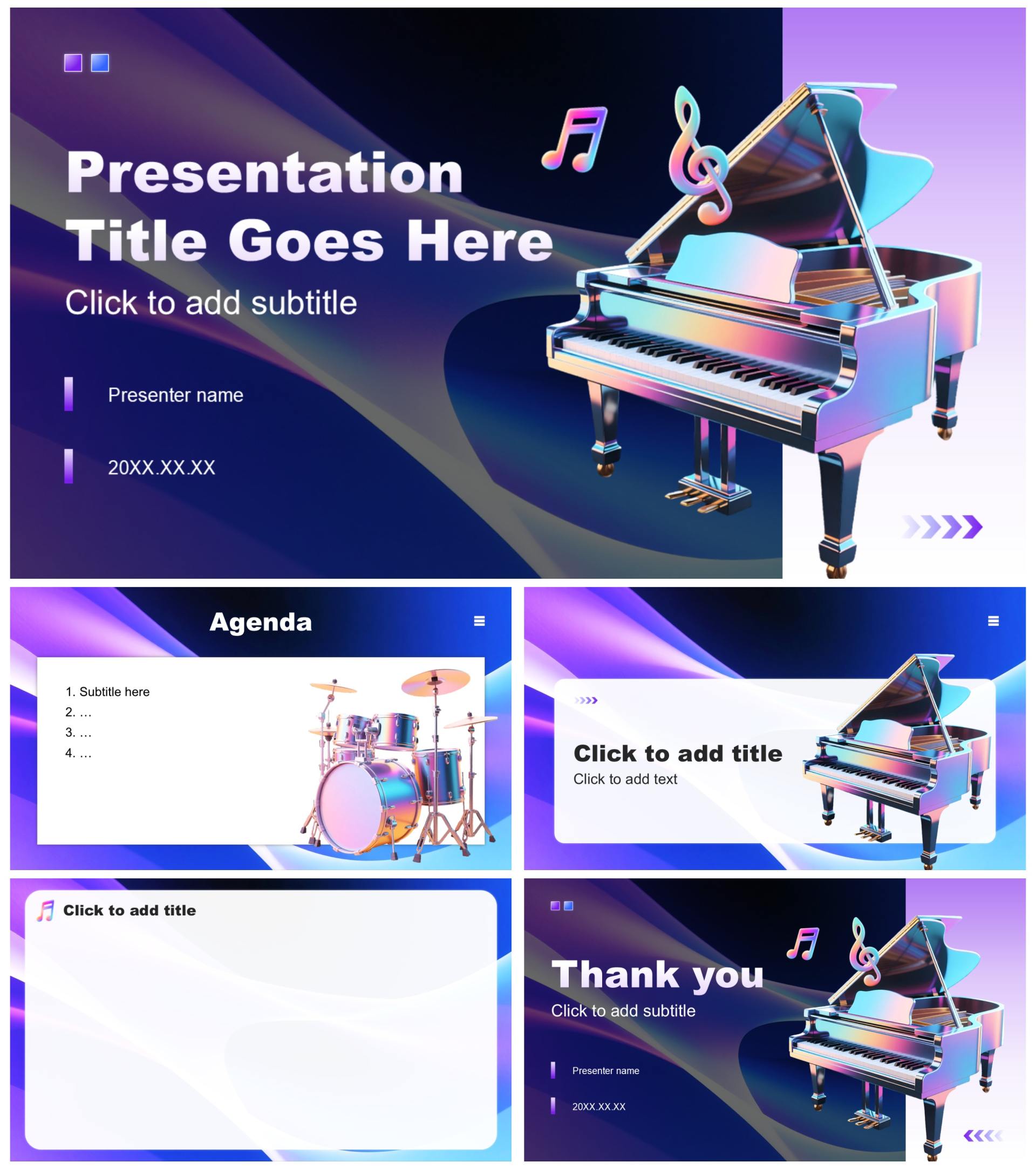 彩色渐变3D风音乐主题学生会自我介绍PPT主题模板