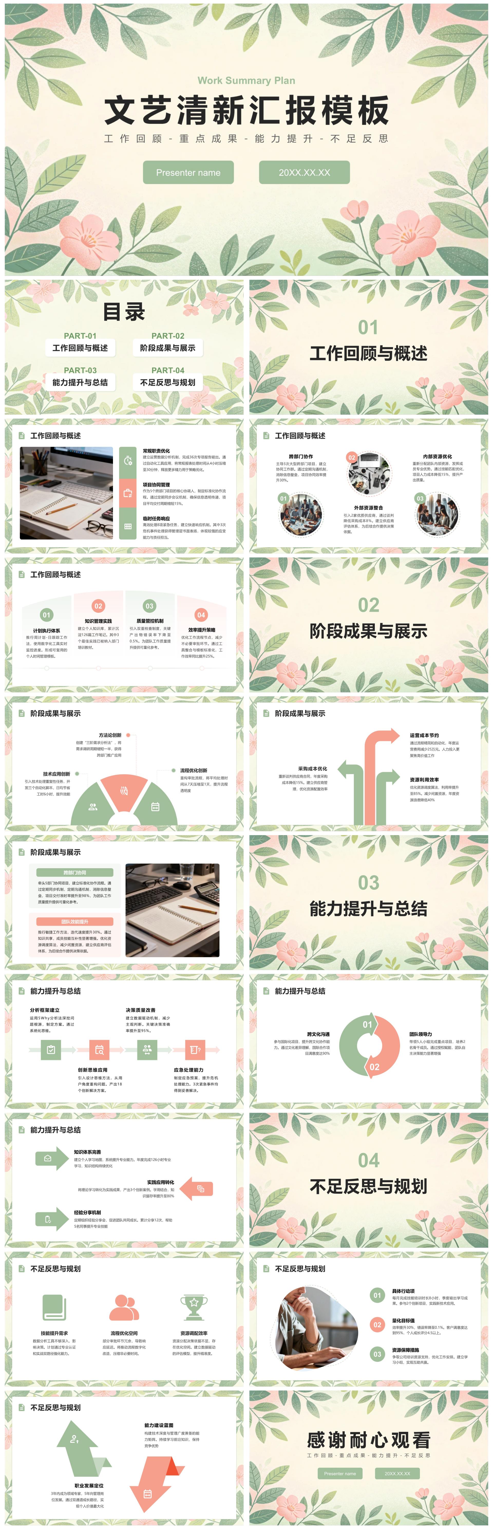 浅粉绿色文艺小清新风总结汇报通用PPT模板