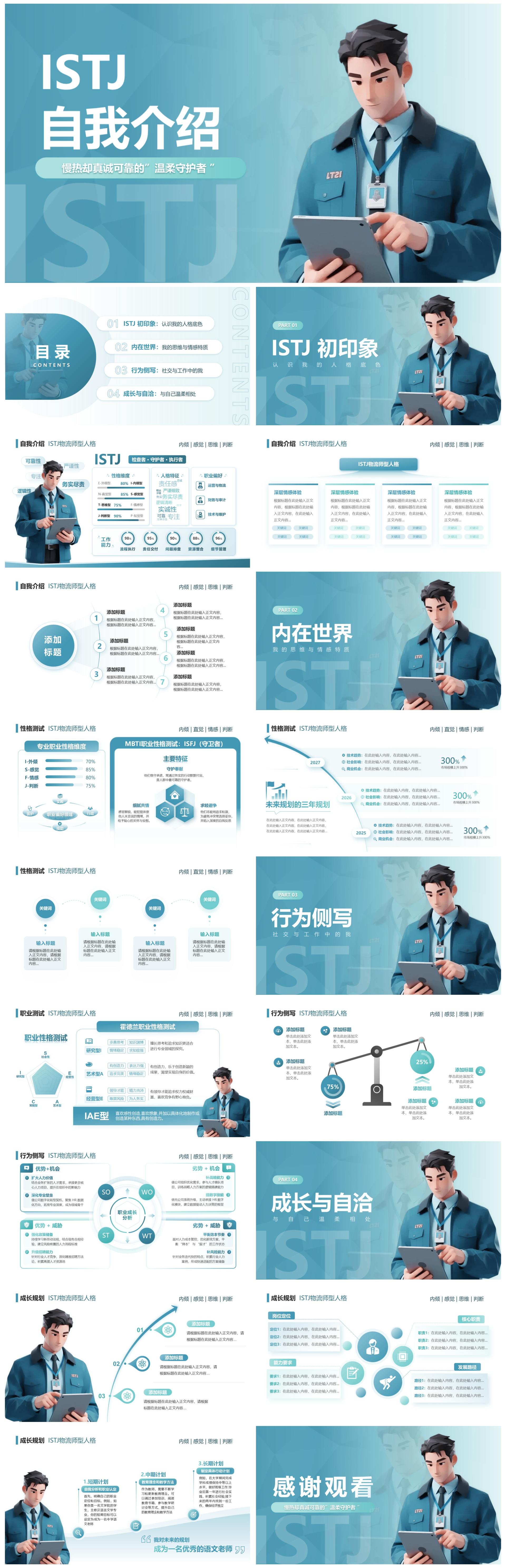 蓝色渐变创意设计MBTI自我介绍述职汇报PPT模板