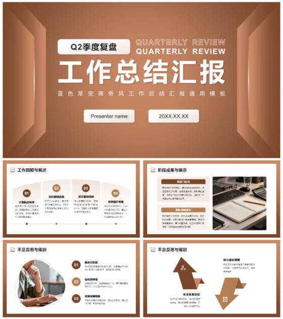 棕色商务风Q2季度复盘总结汇报通用PPT模板